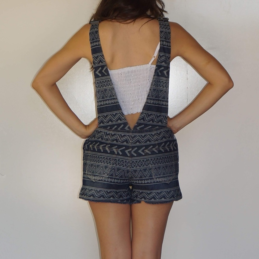 Under Skies Denim Short Overall White Print Size S - Picture 2 of 10